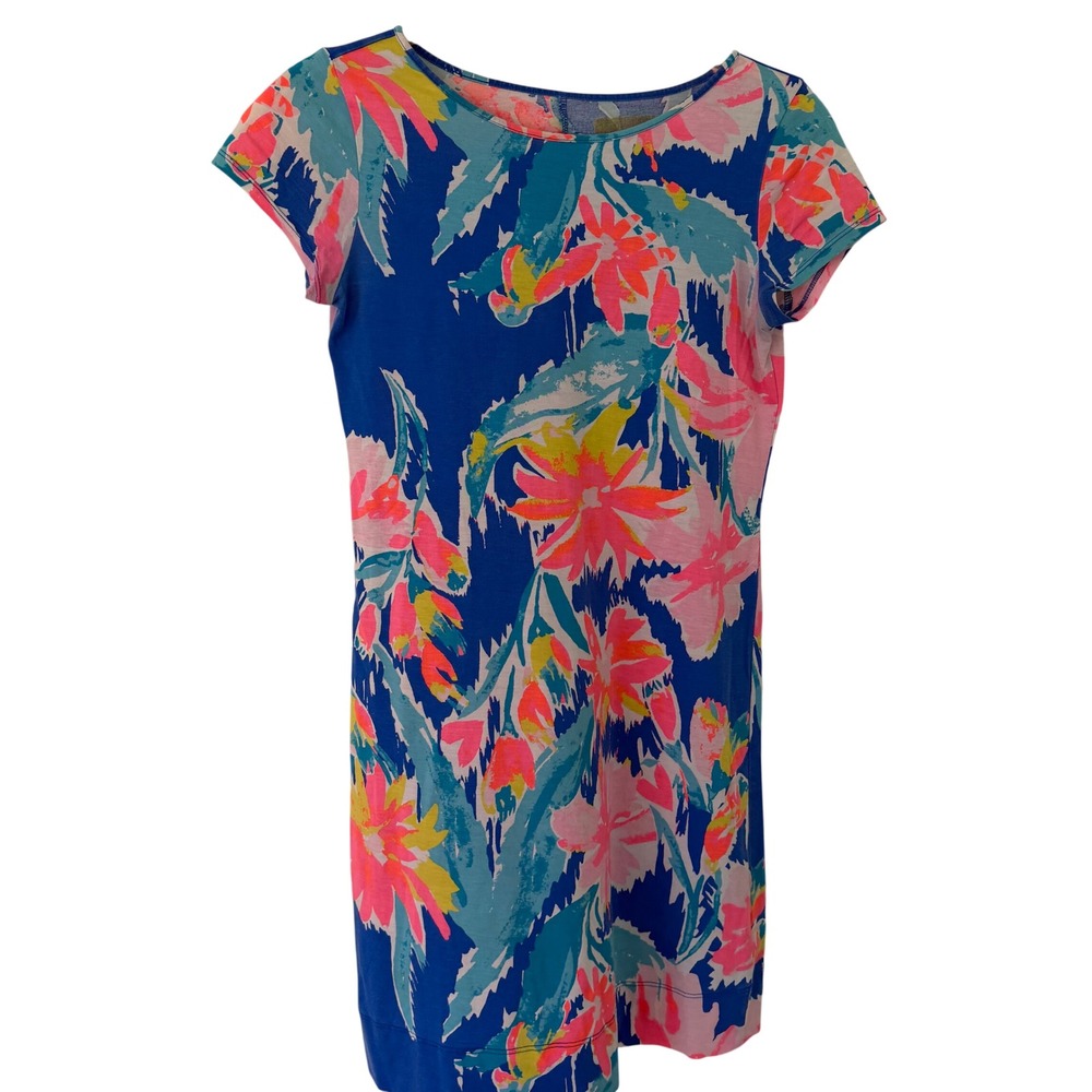 Lilly Pulitzer Womens Pima Cotton Blue Pink Floral T-Shirt Dress XS
